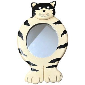 CAT MIRROR Wooden Kitten Hanging Handheld Black & White 12" tall x 7" wide Frame